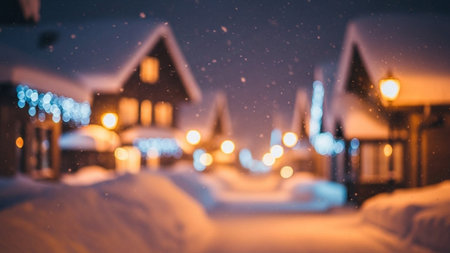 Blurred background of cozy house in snowfall at night. Christmas and New Year concept.の素材