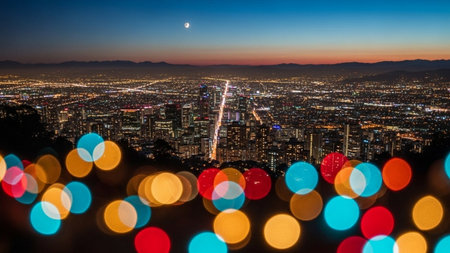 Cityscape of Seoul at night with full moon and colorful bokehの素材