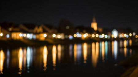Blurred city lights reflected in river. Bokeh effect.の素材