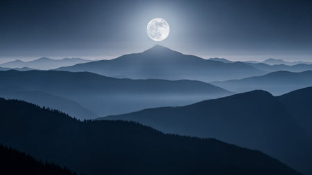 Mountain landscape in full moon light. Carpathian, Ukraineの素材