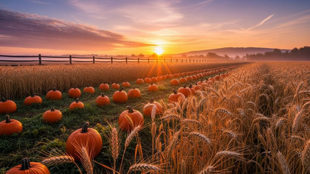 Pumpkin field at sunset. Beautiful autumn landscape with pumpkins.の素材