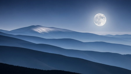 mountain landscape at night in full moon light. Carpathian, Ukraineの素材