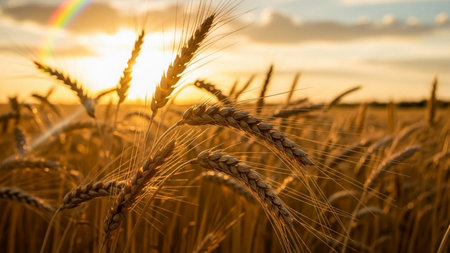 Wheat field. Ears of golden wheat close up. Beautiful Nature Sunset Landscape.の素材