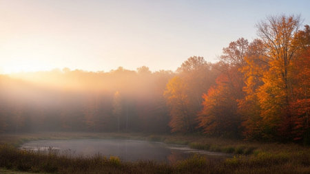 Autumn landscape with fog in the forest and lake at sunrise.の素材