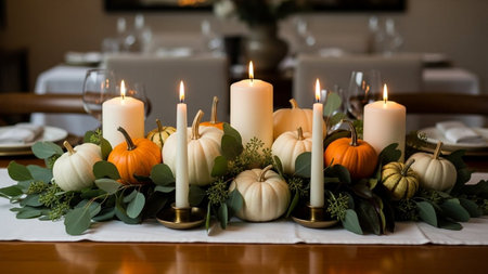Festive table setting with pumpkins, candles and flowers. Close upの素材