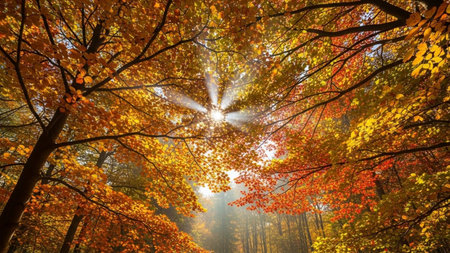 Autumn forest with sunbeams and lens flare. Beautiful landscape.の素材