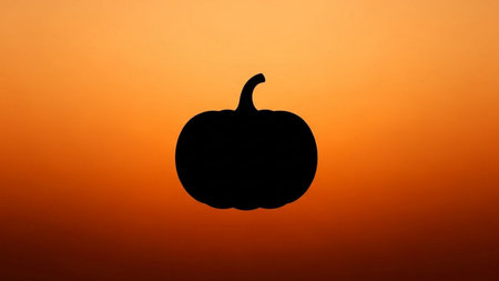 Silhouette of pumpkin on orange sunset background. Halloween concept.の素材