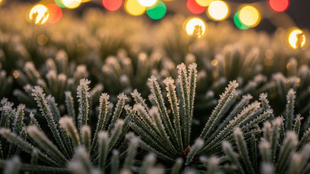 Christmas background with fir branches covered with snow and colorful bokehの素材