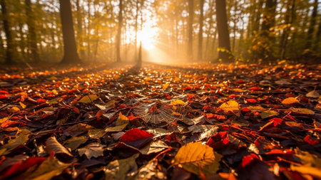 Autumn leaves in the forest with sun rays passing through them.の素材