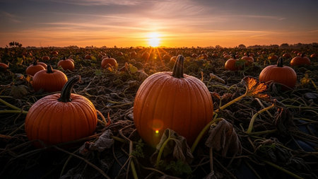 Pumpkin patch on sunny Autumn day with blue sky and cloudsの素材