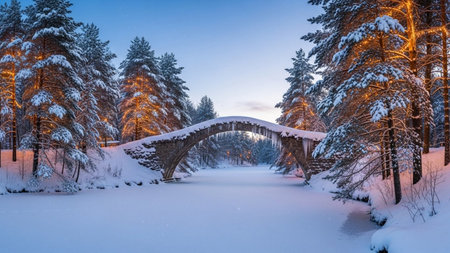 Beautiful winter landscape with a bridge over a frozen river in the forestの素材