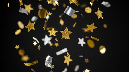Golden confetti and ribbons on black background. Christmas and New Year concept. 3D Renderingの素材