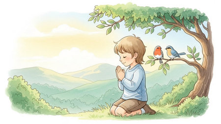 Illustration of a Little Girl Sitting on a Hill Beside a Birdの素材