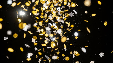 Golden confetti on a black background. Christmas and New Year concept.の素材
