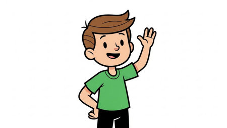 Happy boy waving hand on white background. Vector illustration. Cartoon style.の素材