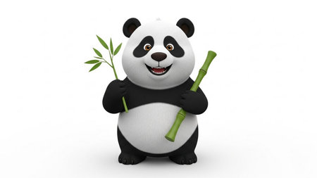 3d illustration of panda cartoon character with bamboo on white backgroundの素材