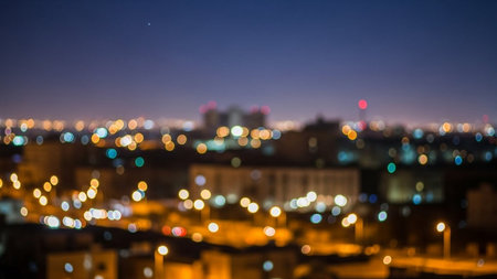 Cityscape at night with defocused lights bokeh effect.の素材