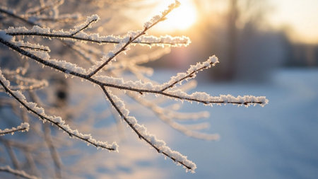 Hoarfrost on the branches of a tree in the rays of the setting sunの素材
