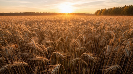 Sunset or sunrise on a wheat field with ears in the foregroundの素材