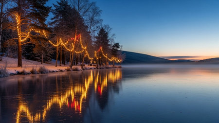 Beautiful winter landscape with lights on the shore of the lake.の素材