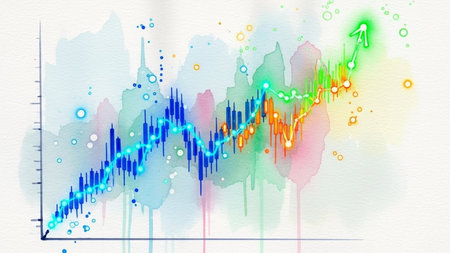 Stock market graphs and charts on watercolor paper background. Investment concept.の素材