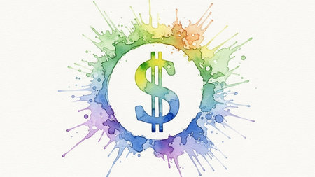 Colorful watercolor splash with dollar sign on white paper background.の素材