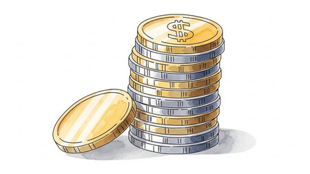 Illustration of a stack of gold and silver coins on a white backgroundの素材