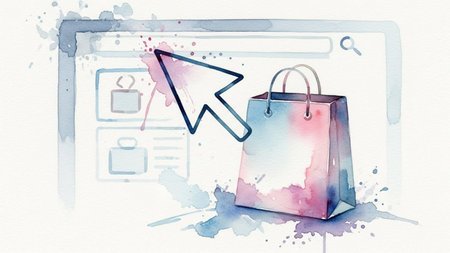Illustration of shopping bag with mouse cursor and web browser window.の素材
