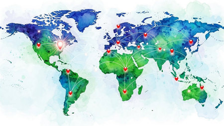 World map with map pointers on watercolor background. Vector illustration.の素材