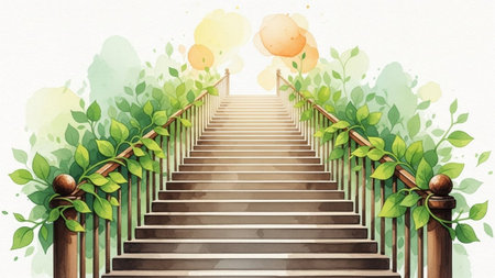 Watercolor painting of stairs with green leaves and flowers on white backgroundの素材