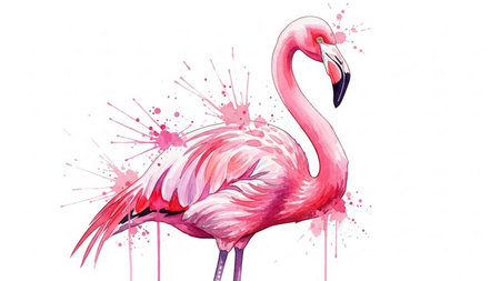 Pink flamingo with splashes isolated on white background. Watercolor illustrationの素材