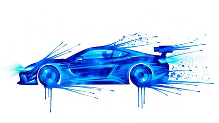 sports car on a white background with splashes of blue paint.の素材