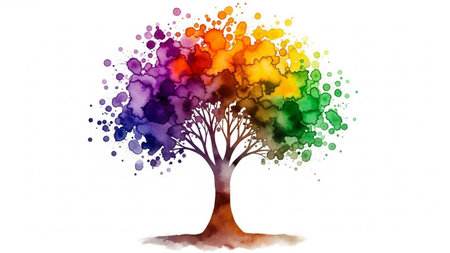 Watercolor painting of a rainbow tree on a white background. Vector illustration.の素材