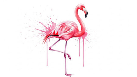 Pink flamingo with splashes of paint on a white background.の素材