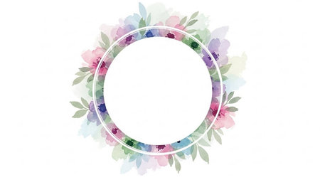 Watercolor floral round frame with place for text. Watercolor blossom background.の素材