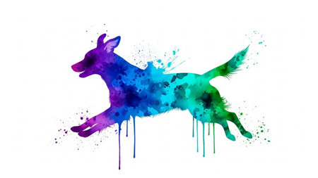 Colorful silhouette of a dog jumping with splashes on a white backgroundの素材