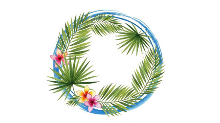 Tropical palm leaves and frangipani flowers on white backgroundの素材