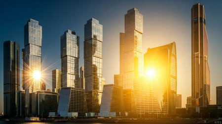 Skyscrapers of the Moscow city at sunset, Russia.の素材
