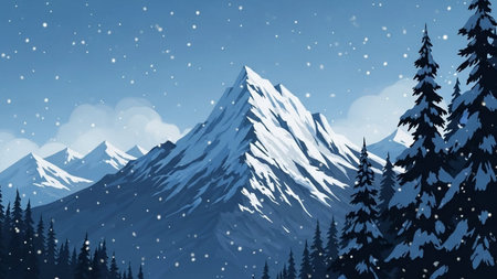 Snowy mountains in the forest. Winter landscape. Vector illustration.の素材