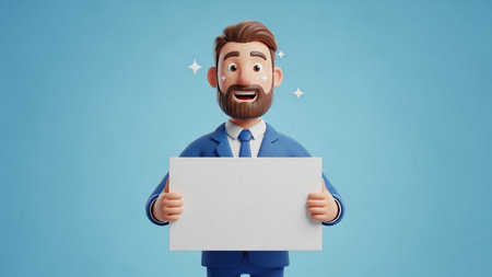 Businessman holding blank board on blue background. 3d illustration.の素材