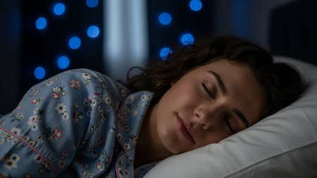 Young woman sleeping in bed at night. She is wearing pajamas.の素材