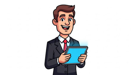 Businessman holding tablet computer. Vector cartoon illustration isolated on white background.の素材