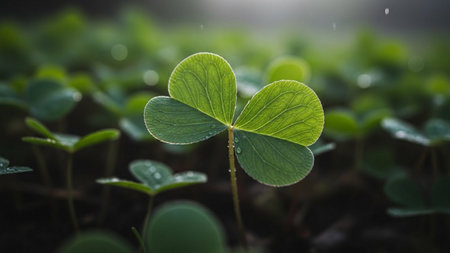 Green clover leaves with morning dew, shallow depth of fieldの素材