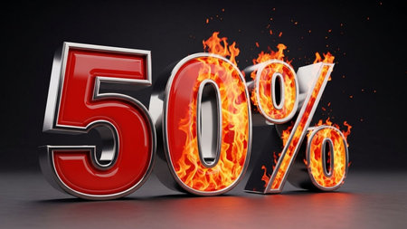 Fiery 50 percent off on black background. 3D illustration.の素材