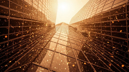 3D render of modern skyscrapers in the city at sunsetの素材