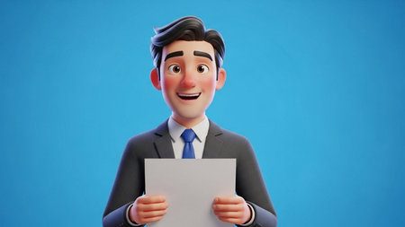 3d illustration of a businessman holding a sheet of paper with a sad faceの素材