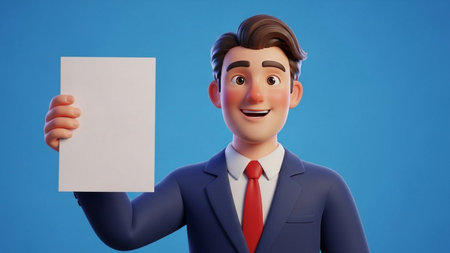 3d illustration of a businessman holding a blank sheet of paper.の素材