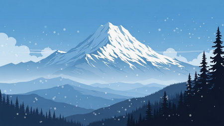 Mountains and forest with snowflakes in the sky. Vector illustration.の素材