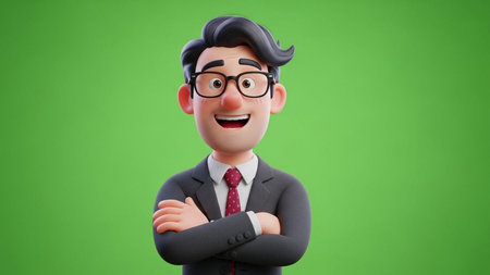 3d illustration of a businessman with glasses and a smiley faceの素材
