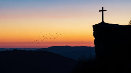 Silhouette of a cross on top of a rock in the mountainsの素材